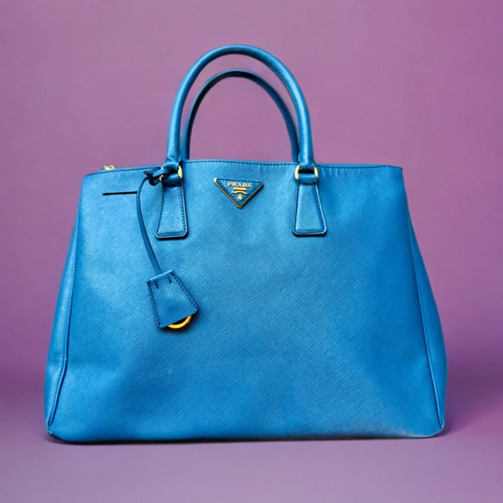 Prada Blue Saffiano Leather Double Zip Tote Handbag